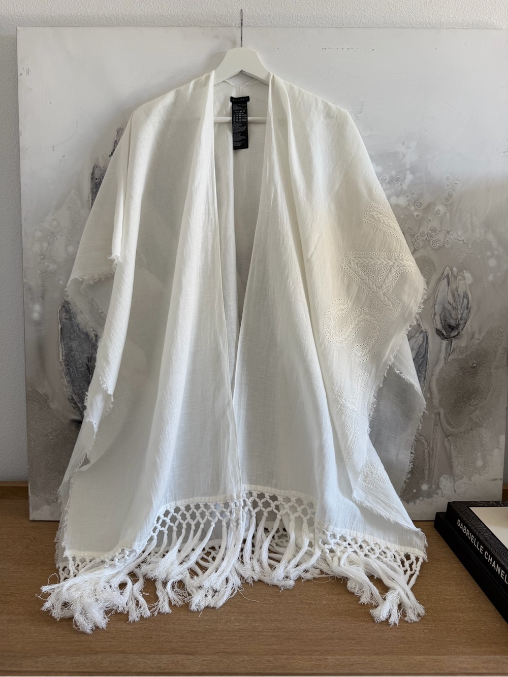 All SAINTS Linen-Cotton Blend White Fringe Cape/ Scarf